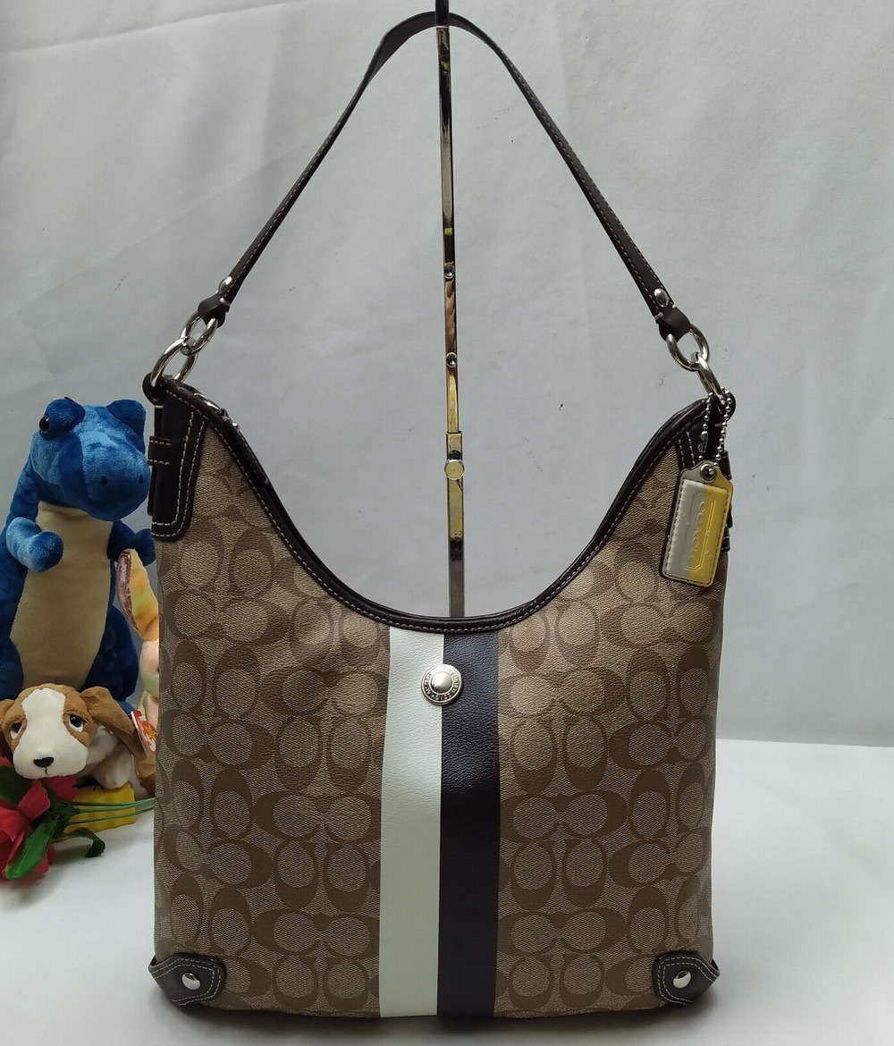 Coach Signature Brown Leather Heritage Strip Zipper Hobo Shoulder Bag